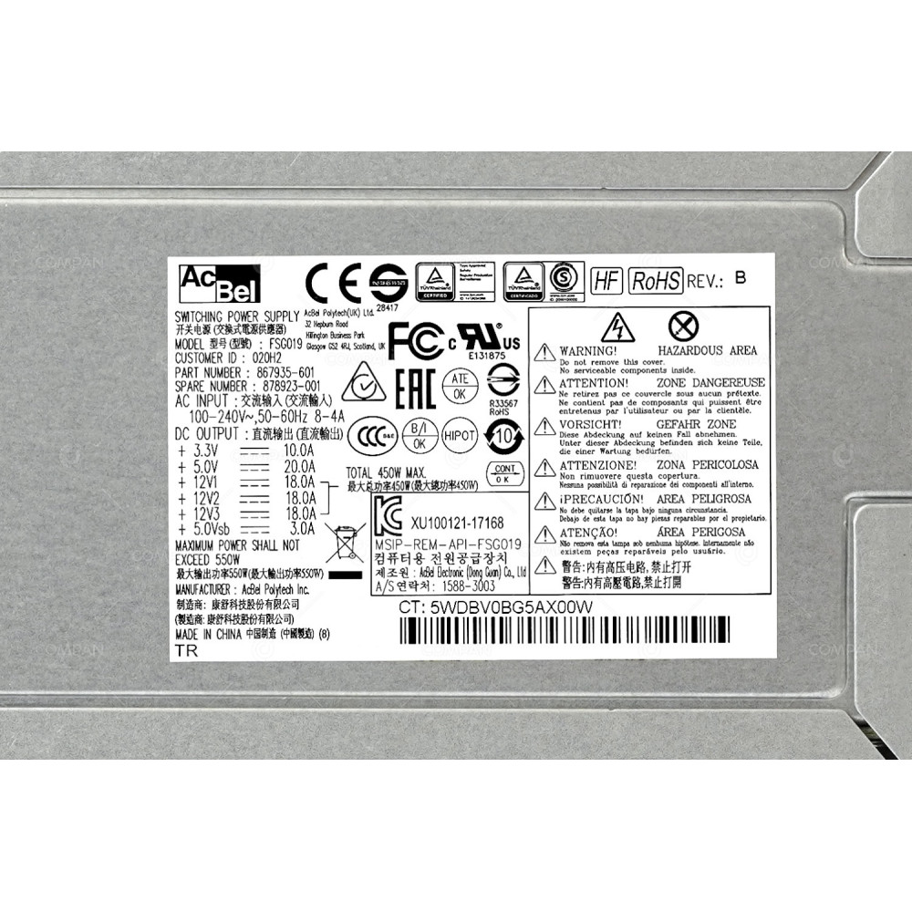 878923-001 HP 450W NON HOT-PLUG POWER SUPPLY FOR ML110 GEN10 867935-601, FSG019